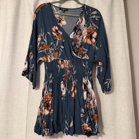 Lulus Teal Floral Long Sleeve Romper — Size Medium - Picture 1 of 1